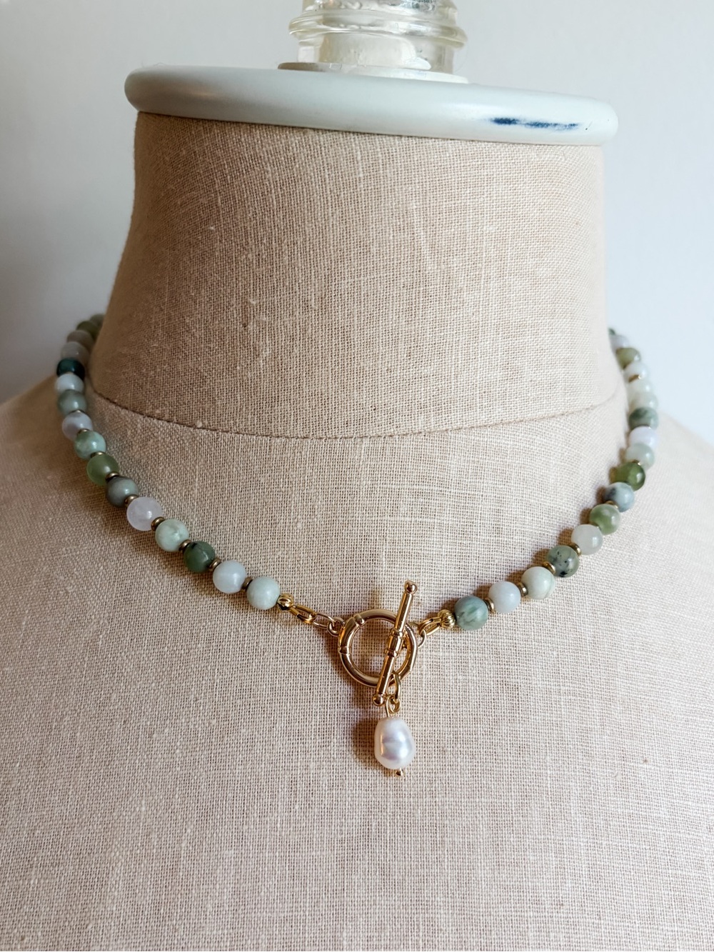 N5 Handmade Green Jasper Beaded Reversible Necklace W Fresh Water Pearl Pendant